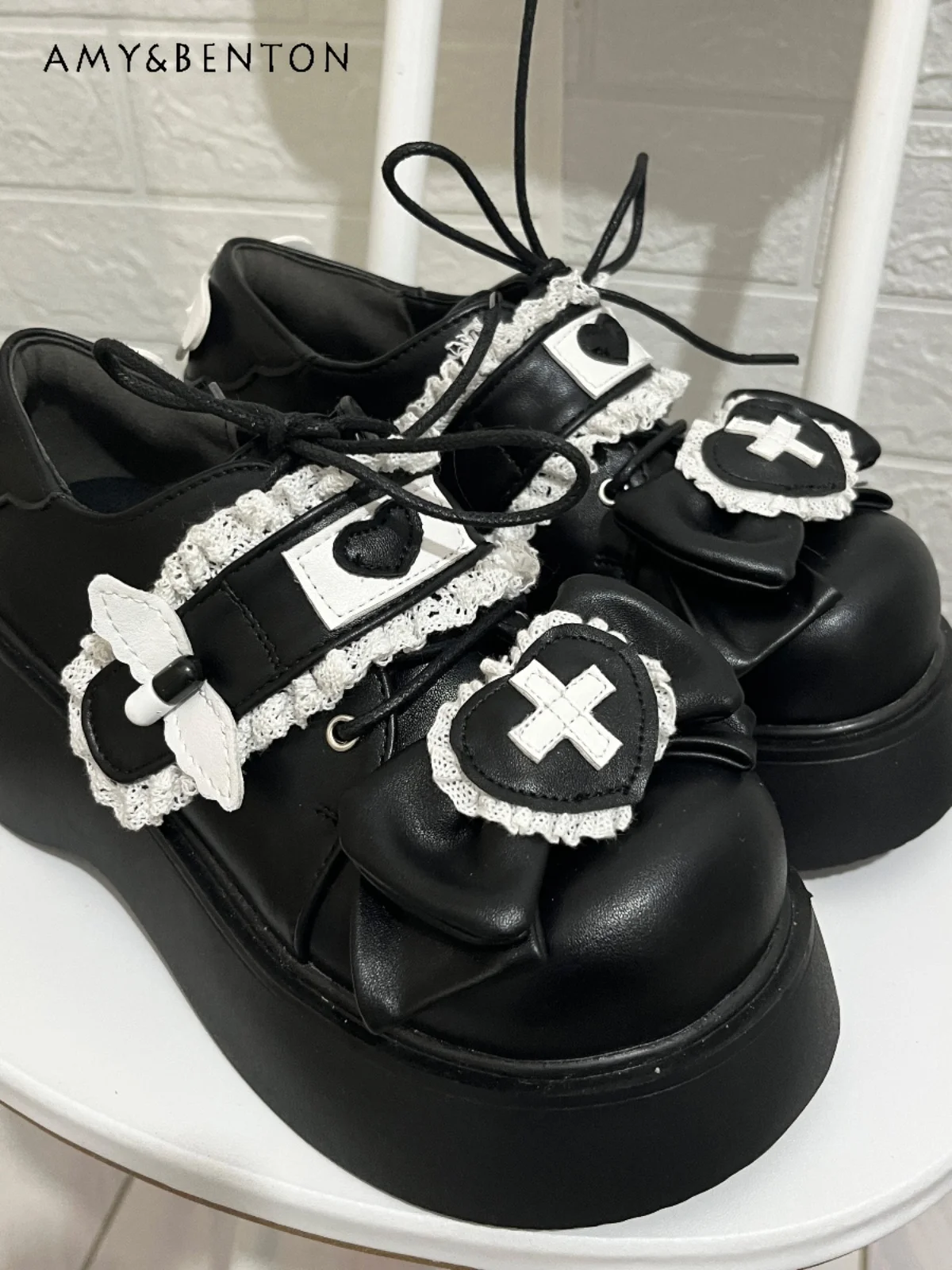 Original Round Toe Lace-up Lolita Shoes Japanese Cute Sweet Platform Heels Harajuku Kawaii Color Matching Leather Shoes Students