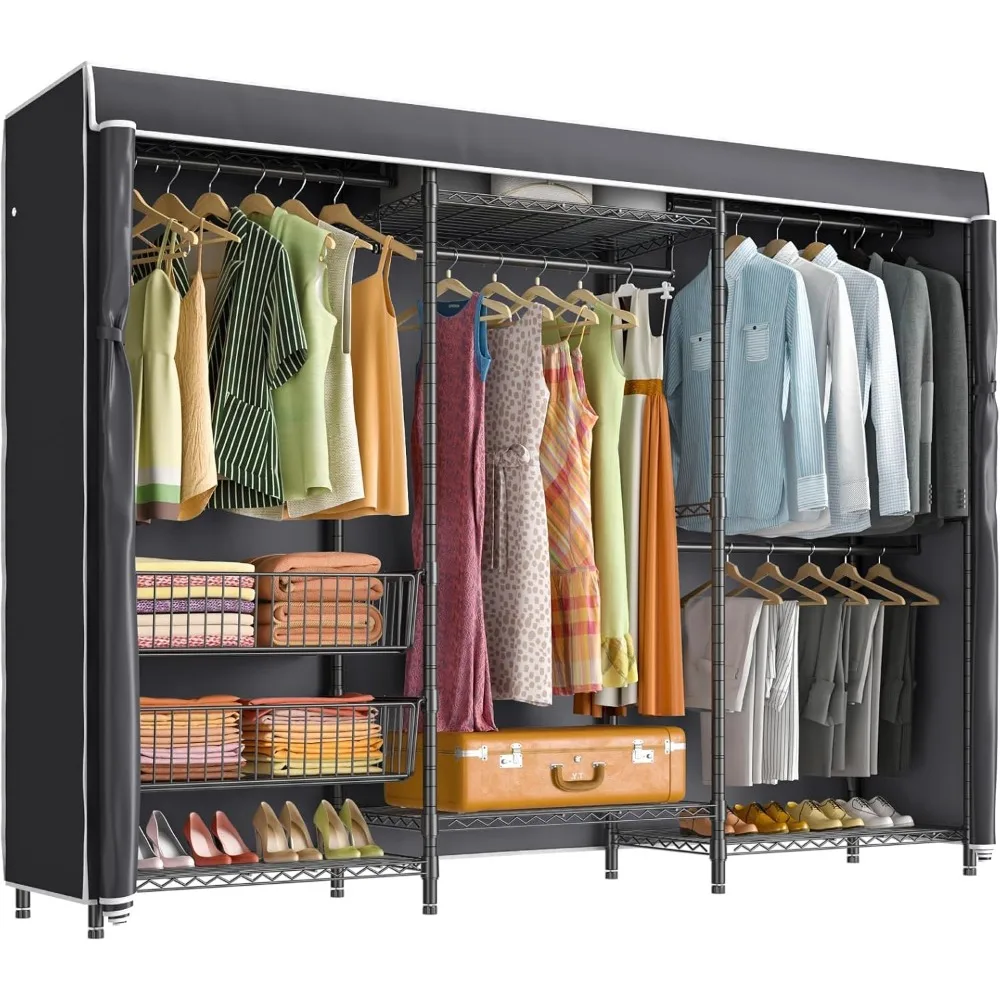 

V10C Portable Closets Heavy Duty Clothes Rack with Slid Basket, Covered Wardrobe Closet, Black Clothing Rack with Black Fabric