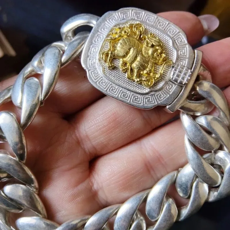 

Vintage Old Silver Kylin Bracelet, Exquisite Handcrafted Retro Jewelry, Auspicious Trendy Accessory for Men