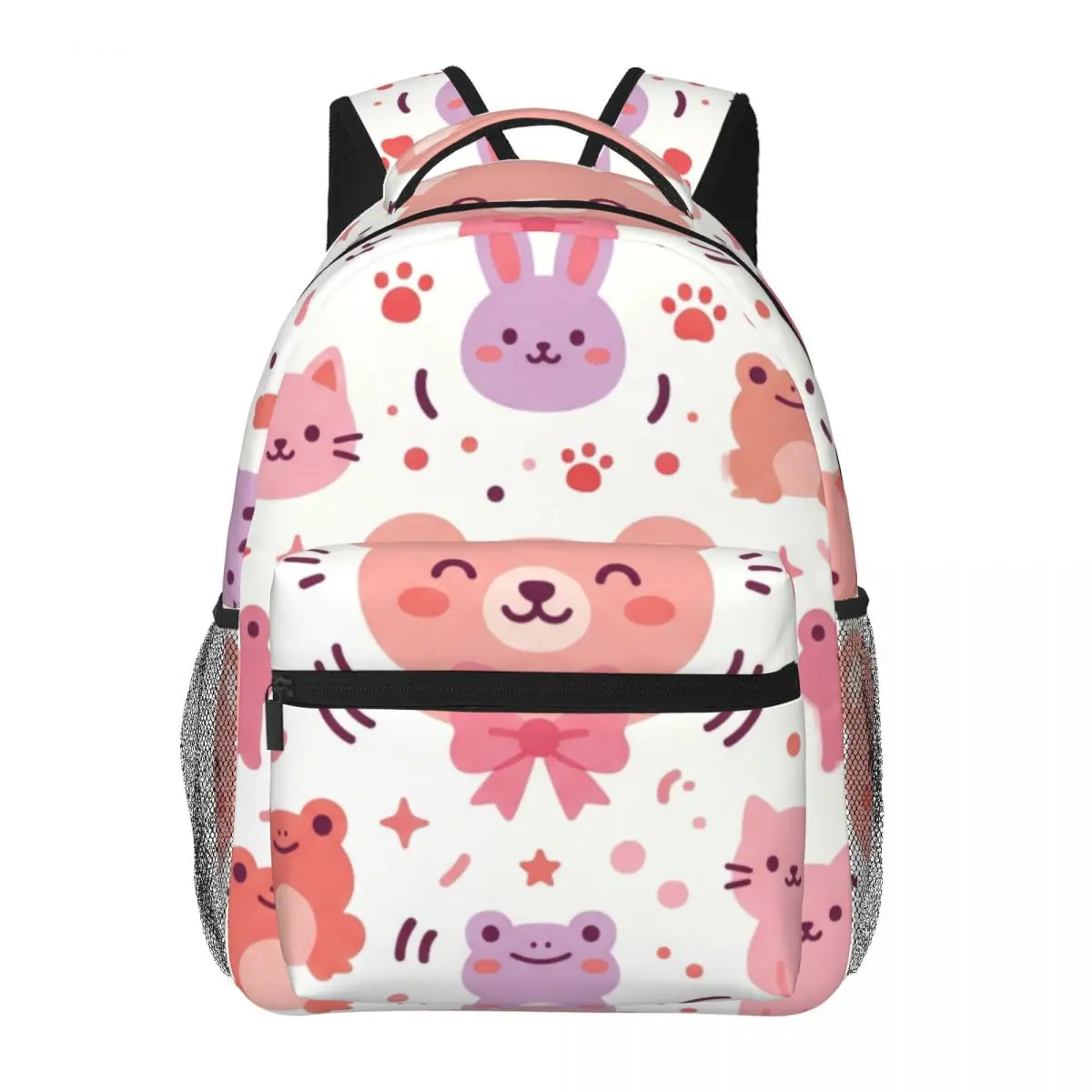 Cartoon Animal School Backpack Center Cat Bunny Bear Frog Y2K Coquette Pink White Fashion Daypack for College Travel Gift Cozy