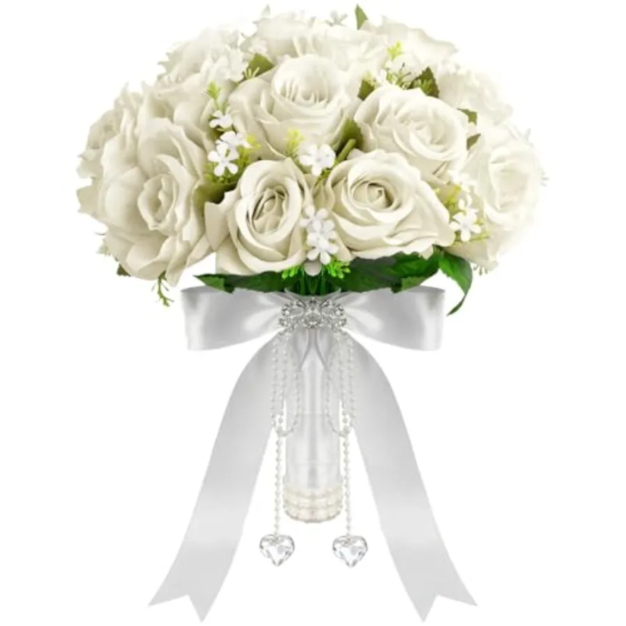 

12 Inch Wedding Bouquet with Pearl Crystals Ribbons, Artificial Rose Flower for Bride Bridesmaids Artificial Fake Flowers Fake