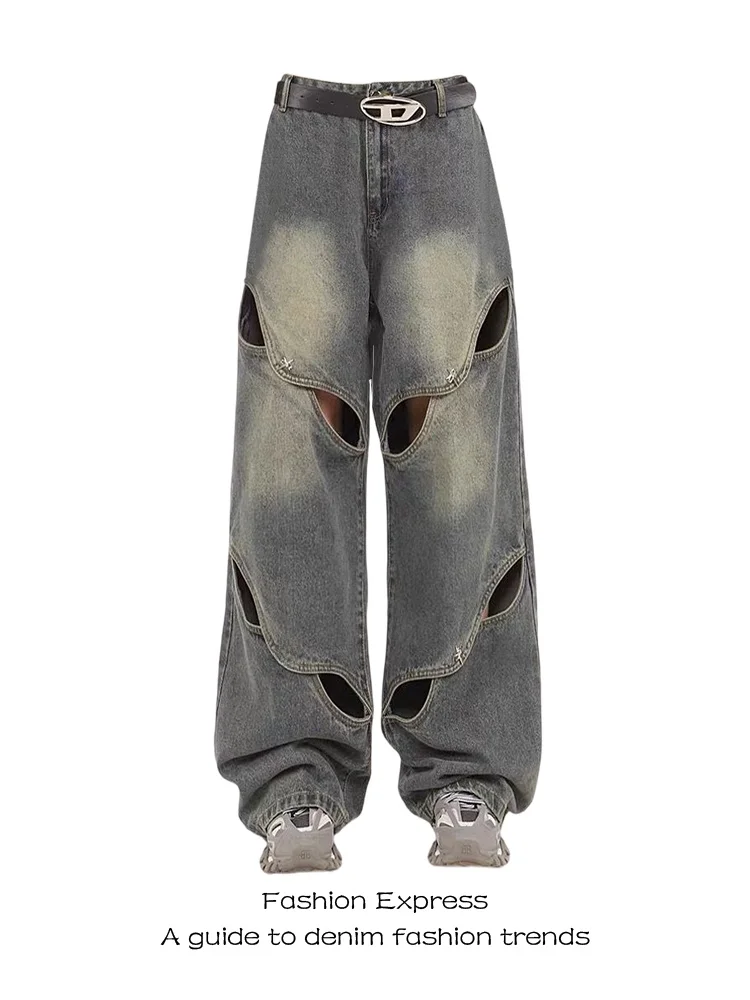 

American Street Sle Metal Button Hollow out Denim Jeans Women's Autumn Winter Loose BF Lazy Sle Floor-Length Pants