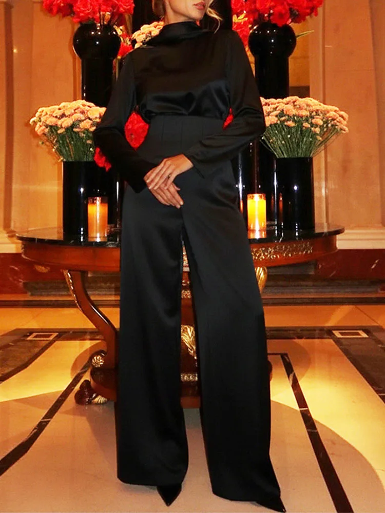 

Весенне-осенний новый белый топ со стоячим воротником, шнуровкой и открытой спиной, комплект узких брюк с высокой талией и широкими штанинами