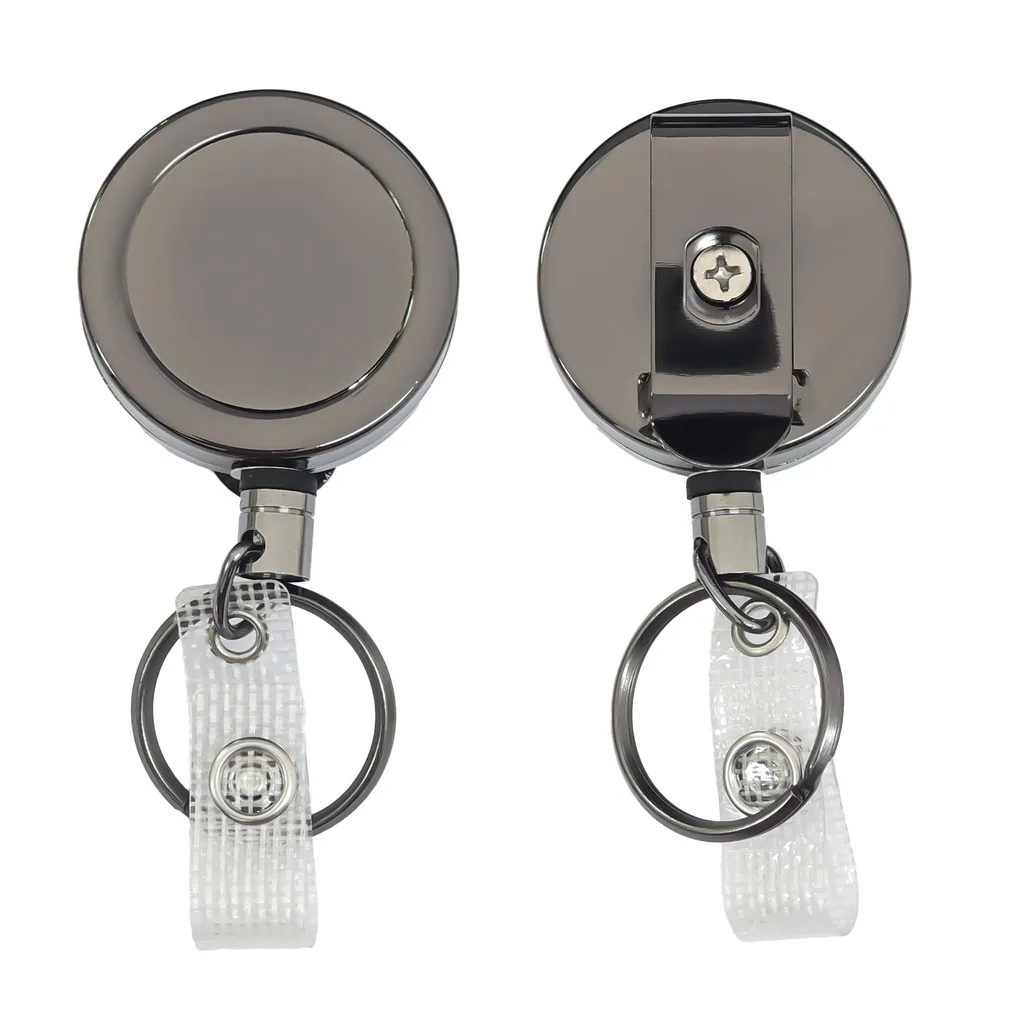 Retractable Round Badge Reel Gunmetal Belt Clip Badge Holder With High Elastic Nylon Steel Cable For Id Cards And Keys