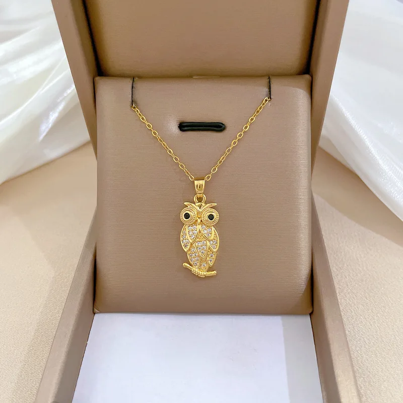 High Quality Animal Owl Crystal Pendant Necklace for Women New Charm Gold Color Stainless Steel Zircon Jewelry Anniversary Gift