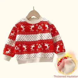 Autumn Winter Plush Velvet T-shirt for Kids Thicken Warm Printed Sweatshirts Casual Children Pullover Outwear Christmas Gifts