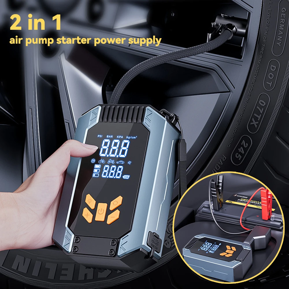 2 In 1 Portable Car Jump Starter & Air Pump 150PSI Air Compressor Power Bank Booster Car Starter Device Auto Tyre Inflator