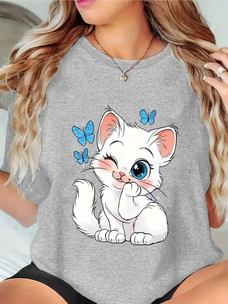 

Cute Big Eyes Cat Printed T-shirt Cotton Summer Children's Couple Style Fashionable and Comfortable Versatile Top Large Size