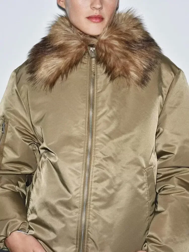 سترة قصيرة برباط وياقة من الفرو سترة غير رسمية متينة وأكمام طويلة وسحاب فضفاض للنساء سترات دافئة 2025 ملابس خارجية للتنقل في الشتاء #1