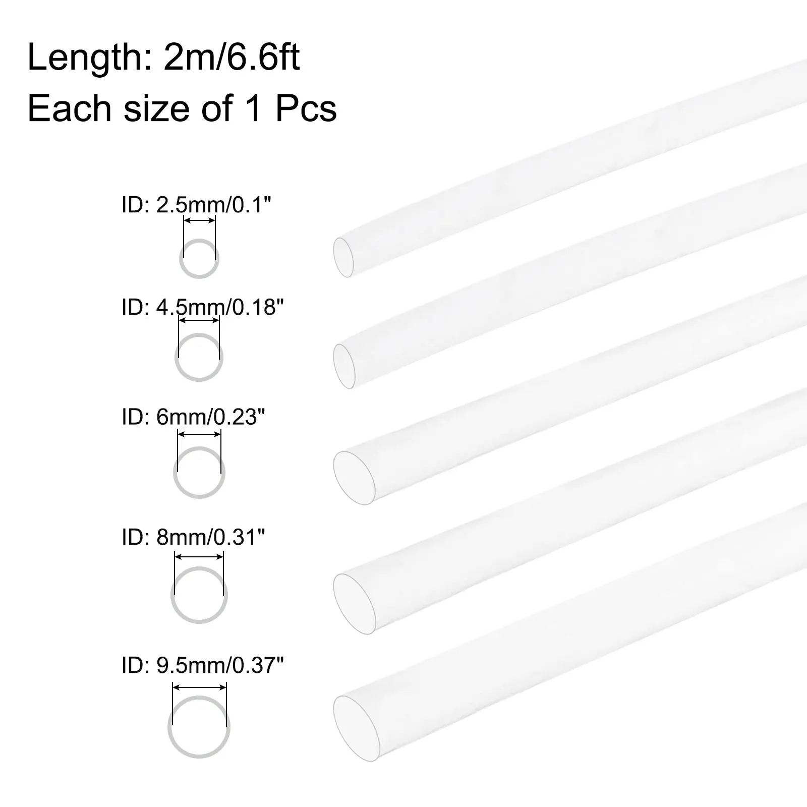 5Pcs 1m/2m PTFE Heat Shrink Tubing 2.5/4.5/6/8/9.5mm ID 4 to 1 Ratio Clear Insulating Tubing High Temperature Shrinking Tube