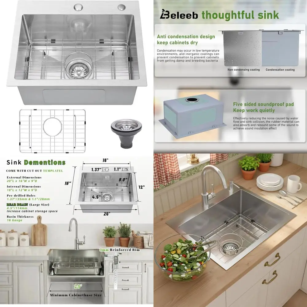 

Top Mount 20x16 Stainless Steel Sink, 9 Deep Basin, 18 Gauge, 3D Embossed Surface, with Accessories