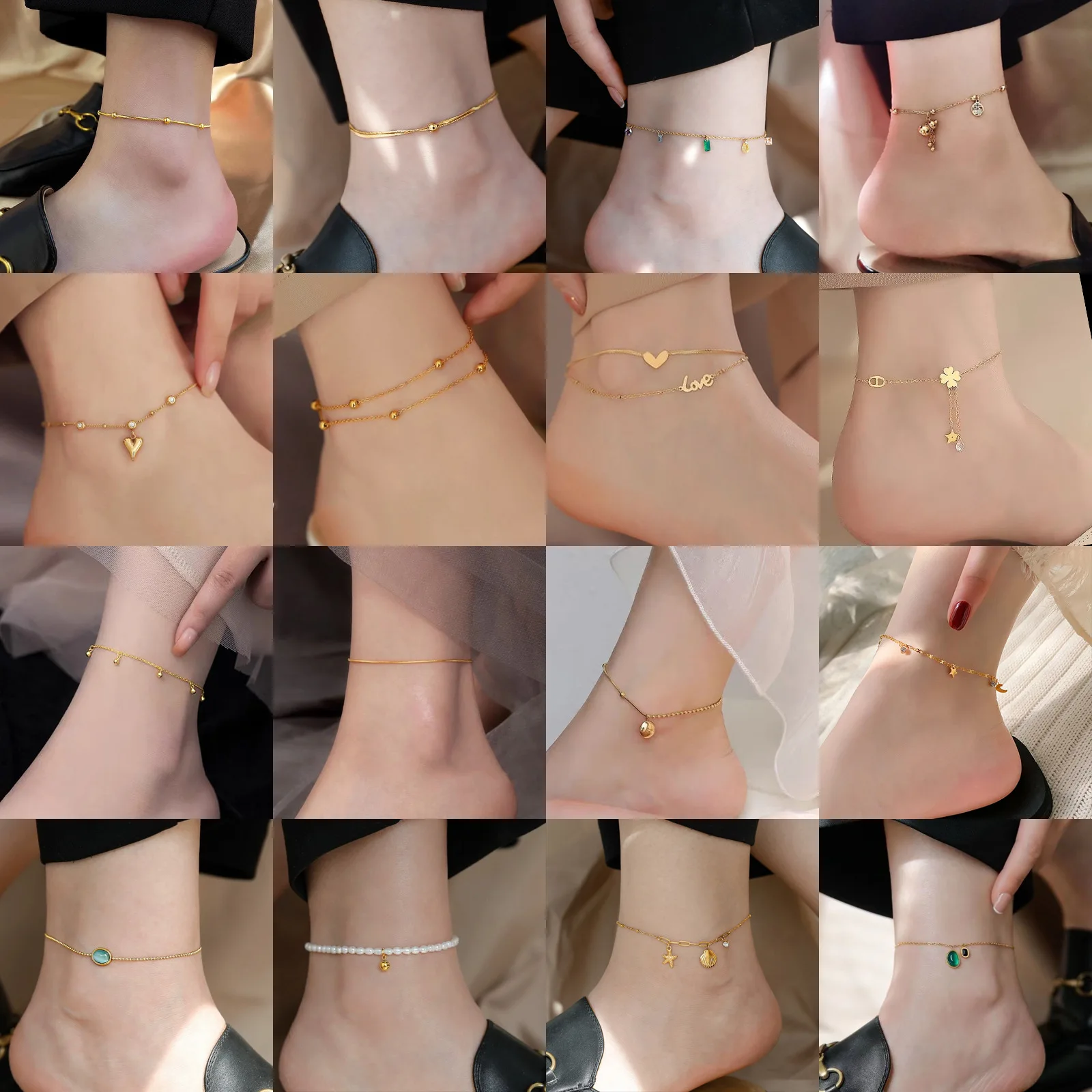 

Двухслойный браслет на ногу из титановой стали с двойным покрытием, женский, с позолотой 18K, новый, универсальный, модный, легкий, роскошный.