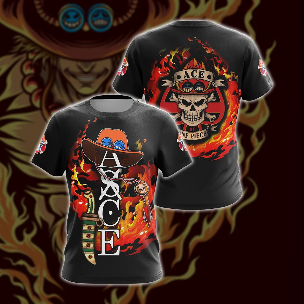One Piece Ace 3D All Over Print T-shirt Men Women Fire Flame Skull Anime Graphic Short Sleeve Pirate Cosplay Streetwear Tee