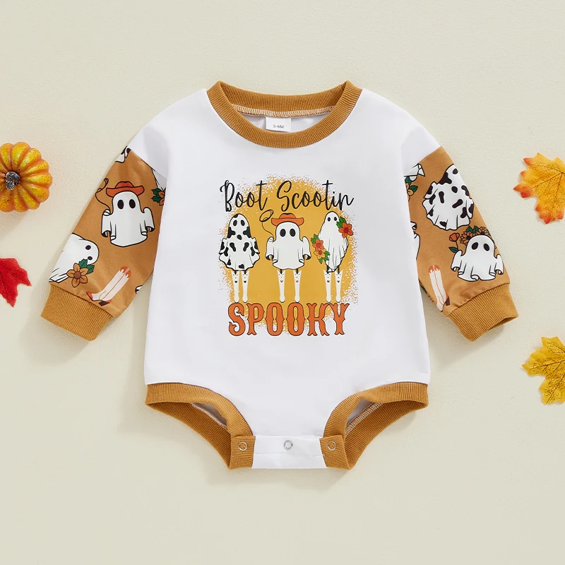 

2024-06-25 Lioraitiin Baby Girl Boy Halloween Romper Ghost Print Contrast Long Sleeve Sweatshirt Jumpsuit for Fall Winter