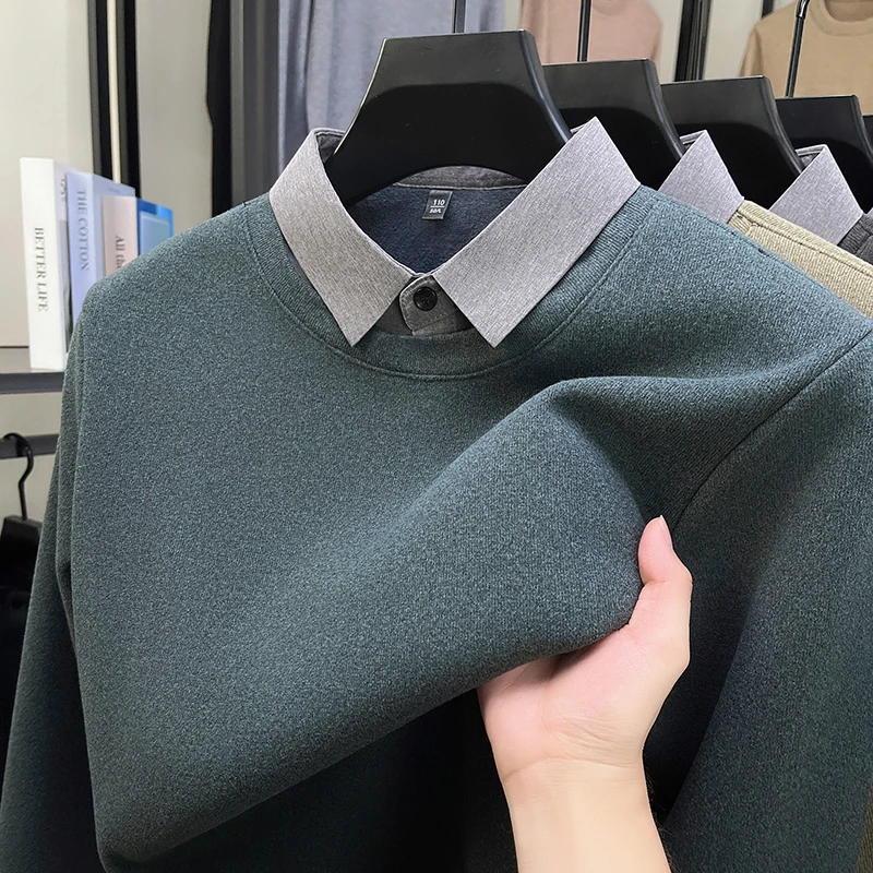 

High quality fake two-piece design men's sweater fashion new style luxurious autumn winter comfort warm casual lapel pullover