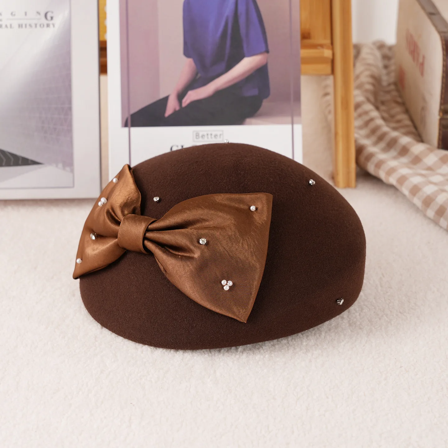 2025 Autumn Design Ivory Coffee Beret Cap Large Bow Rhinesttone Rivet Fedora Cap Pure Wool Felt Warm Berets Winter Sombrero Hat