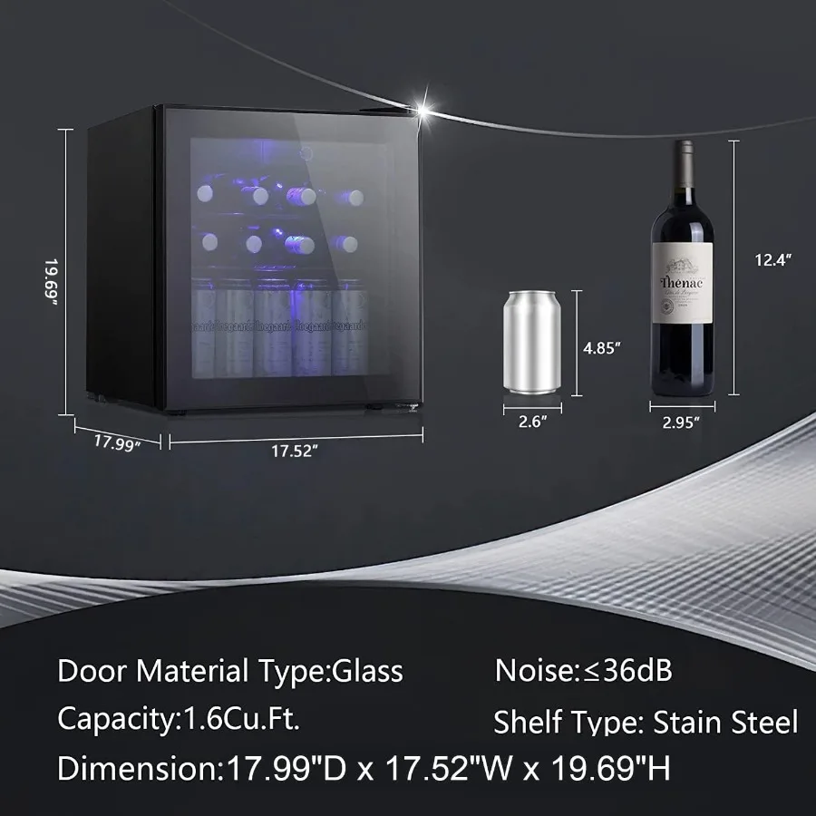 1.6cu.ft مبرد نبيذ/خزانة مشروبات ثلاجة قبو نبيذ صغير لثلاجة بار علوي لعداد بيرة الصودا مع تشغيل هادئ #2