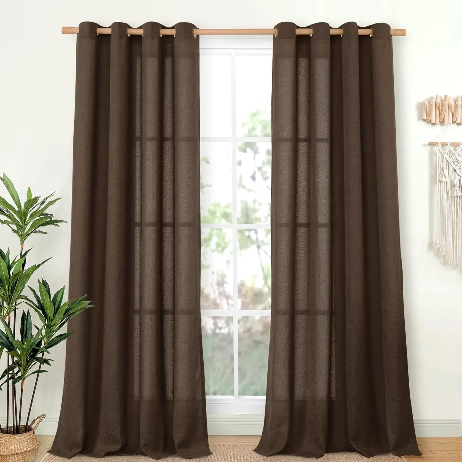 

Dark Brown Linen Curtains 84 Inch Length 2 Panels for Living Room, Light Filtering Drapes Semi Sheer Chocolate Window Tr
