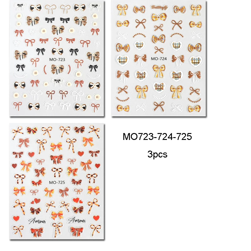 3개입 5D 엠보싱 네일 아트 데칼 가을 마이야르 컬러 그리드 레오파드 리본 스티커 네일 아트 매니큐어 팁 장식용