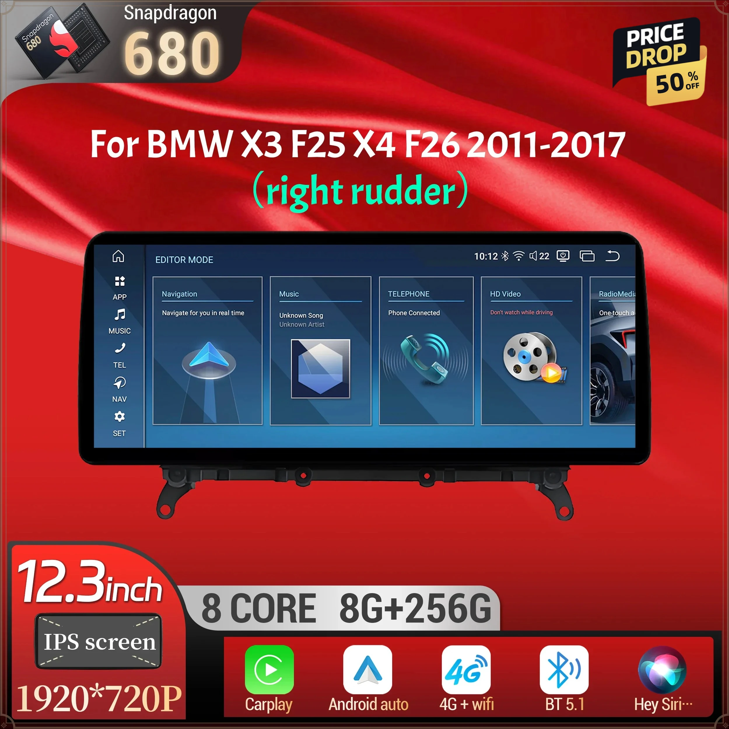 12.3 inch Right Hand Drive Android 14 For BMW X3 F25 X4 F26 2011-2017 Car Radio Wireless BT Carplay Snapdragon 680 Touch Screen