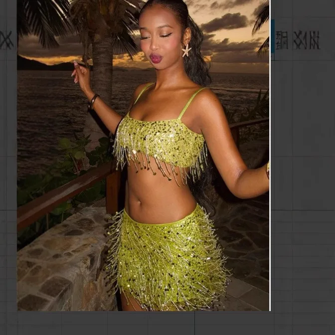 Sexy Tassel Sequins Vest Mini Skirt Women Crop Sling Vests Short Hip Package A-line Skirts 2026 Summer Lady Beach Party Outfits