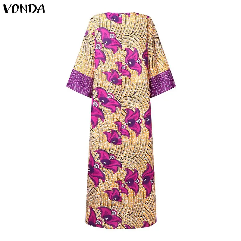 VONDA Plus Size 5XL Bohemian Print Maxi Dresses Fashion Women Vintage Long Vestidos Casual Party Robe 3/4 Sleeve Curve Sundress