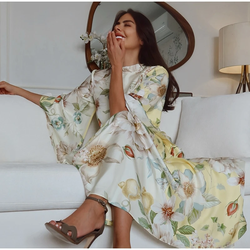 Elegant Floral Printed Women's Dress Stand Collar Full Puff Sleeve A-line Long Dresses 2026 Summer Vacation Party Lady Robes