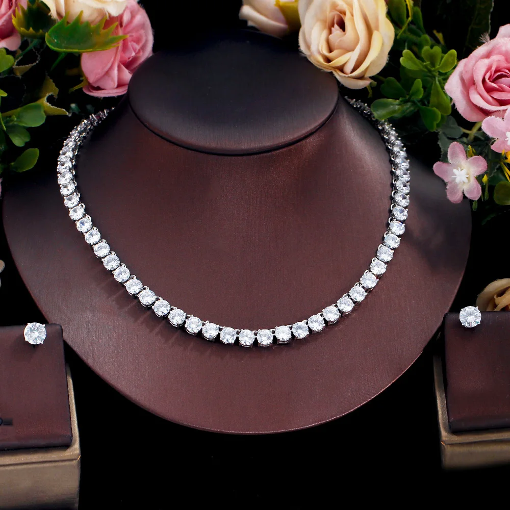 CWWZircons Atemberaubendes Großkarat-Rund-CZ-Tennis-Halsketten- und Ohrring-Set Luxuriöses Brautschmuck-Set für Hochzeit und Abendveranstaltungen Großhandel T0511 – Detail 8