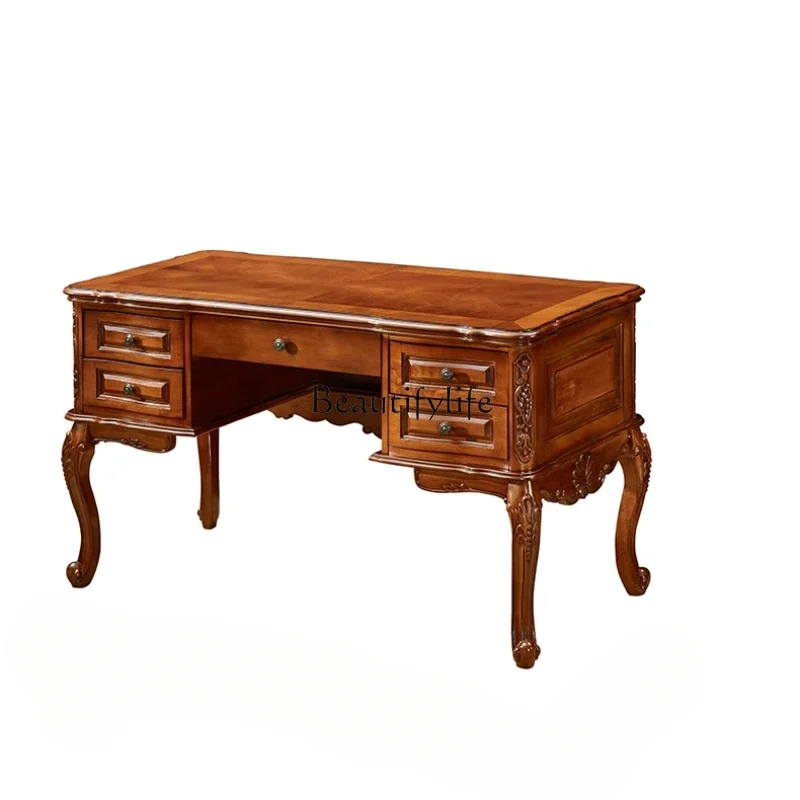 

American-Style Solid Wood Desk Home Vintage Engraving High-End Study and Bedroom Desk