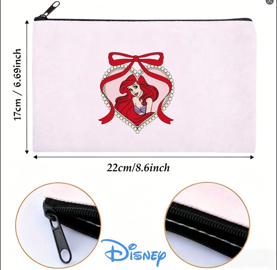 1 bolsa de cosméticos de lona con diseño de corazón y lazo de Ariel la Sirenita, lindo organizador de maquillaje de Disney