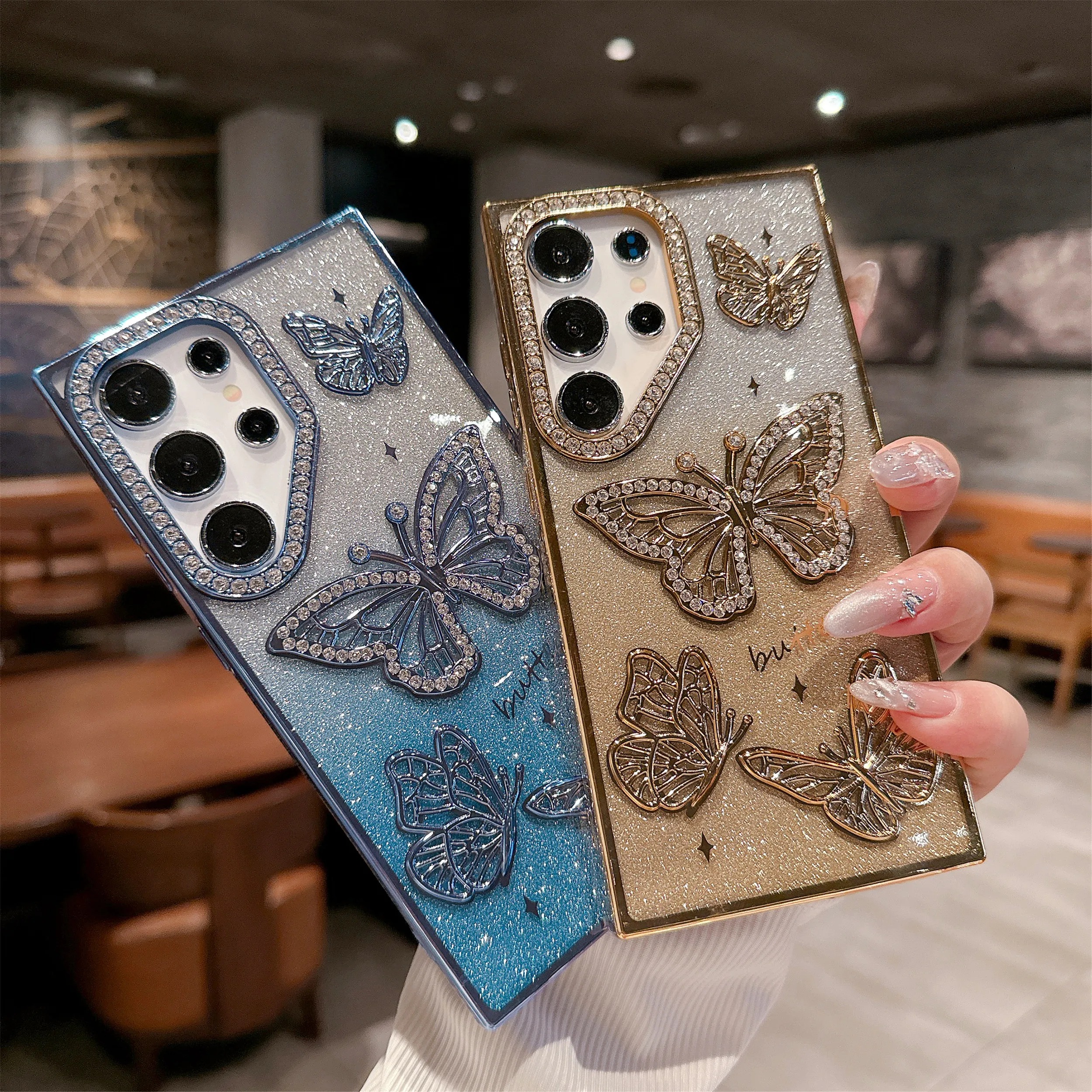 Luxuriöse Premium Bling Diamond Butterfly Handyhülle für Samsung S25 Ultra S24 Plus S23 S22 A16 A26 stoßfeste, schlanke Glitzerhülle