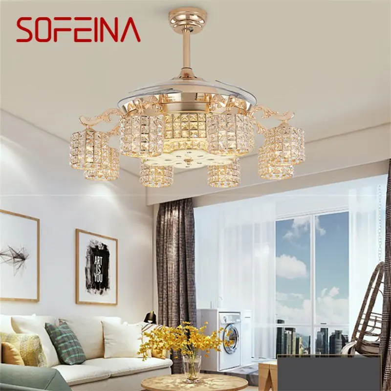 

SOFEINA New Ceiling Fan Light Invisible Crystal With Remote Control Modern Luxury Gold Lamp For Home