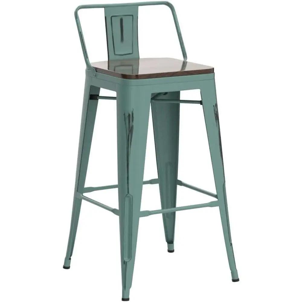30" Metal Bar Stools Set o 4 Counter Height Barstools Industrial Counter Stool Kitchen Bar Chairs ern Wood Seat-Distred Blue - view 5