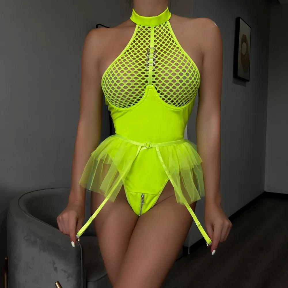 Halter Neck Fishnet Patent Leather Teddy Lingerie Mesh Bodice Tulle Tutu Skirt Zipper Crotch Design Nightclub Intimate Outfits