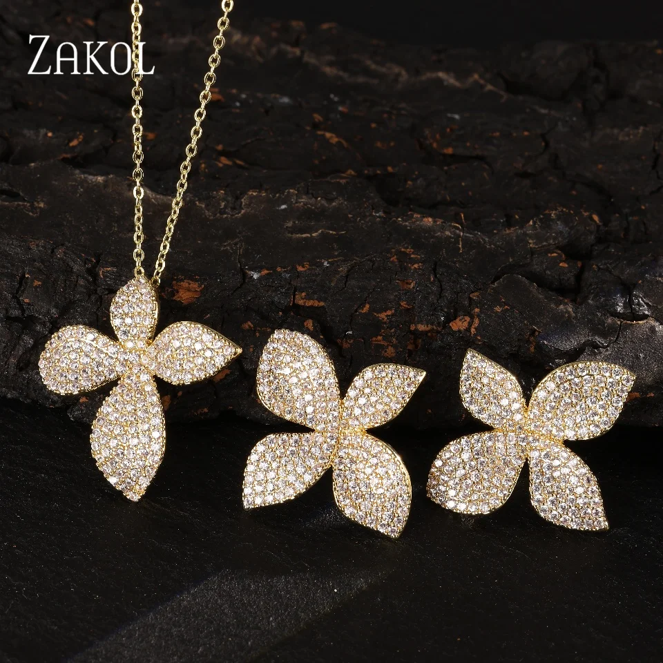 ZAKOL Petal Design Copper Micro-inlaid Zircon Simple Fashionable Women's Two-piece Set Temperament Elegant Jewelry Accessories