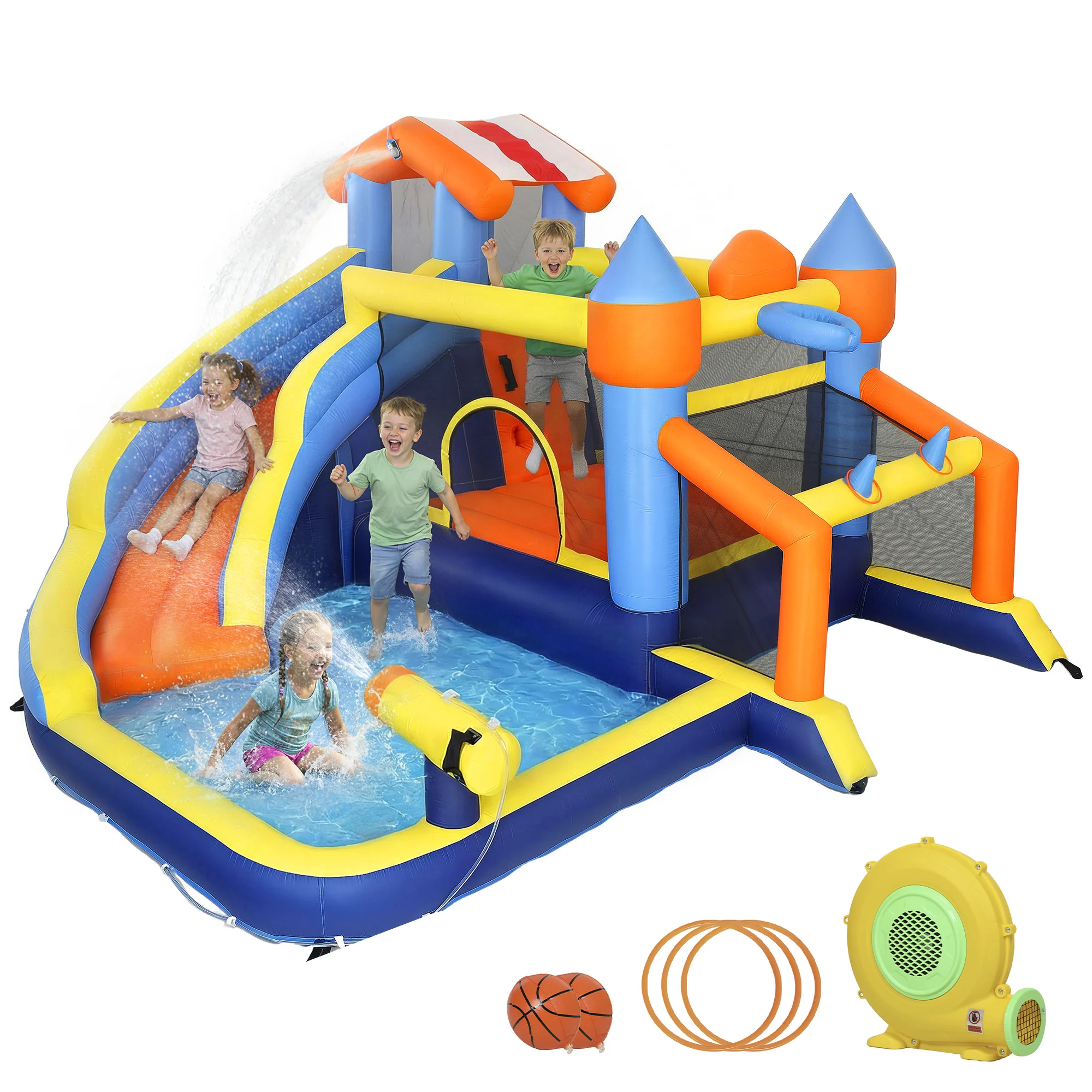 AIYAPLAY Castillo Hinchable Acuático 8 en 1 con Soplador 550W Tobogán Trampolín Escalada Piscina Portería Canasta Lanzamiento