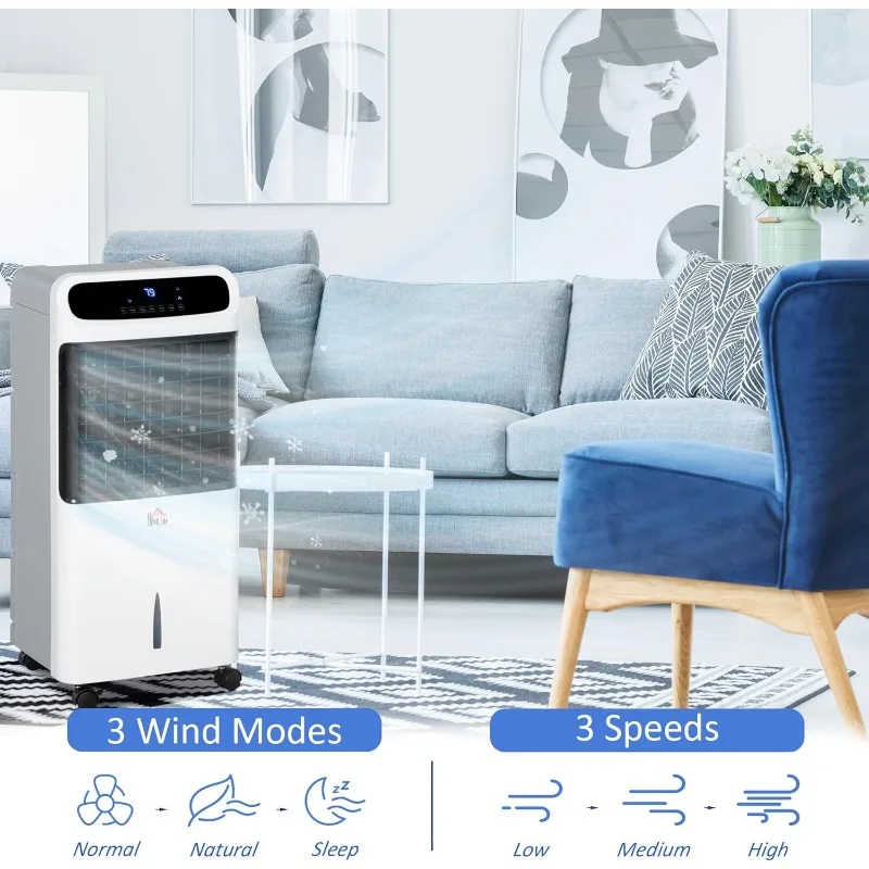 هومكوم مبرد الهواء التبخيري 32 بوصة، 60 °   تتأرجح، مروحة تبريد الثلج 3 في 1، مبرد مستنقع محمول مع مرطب