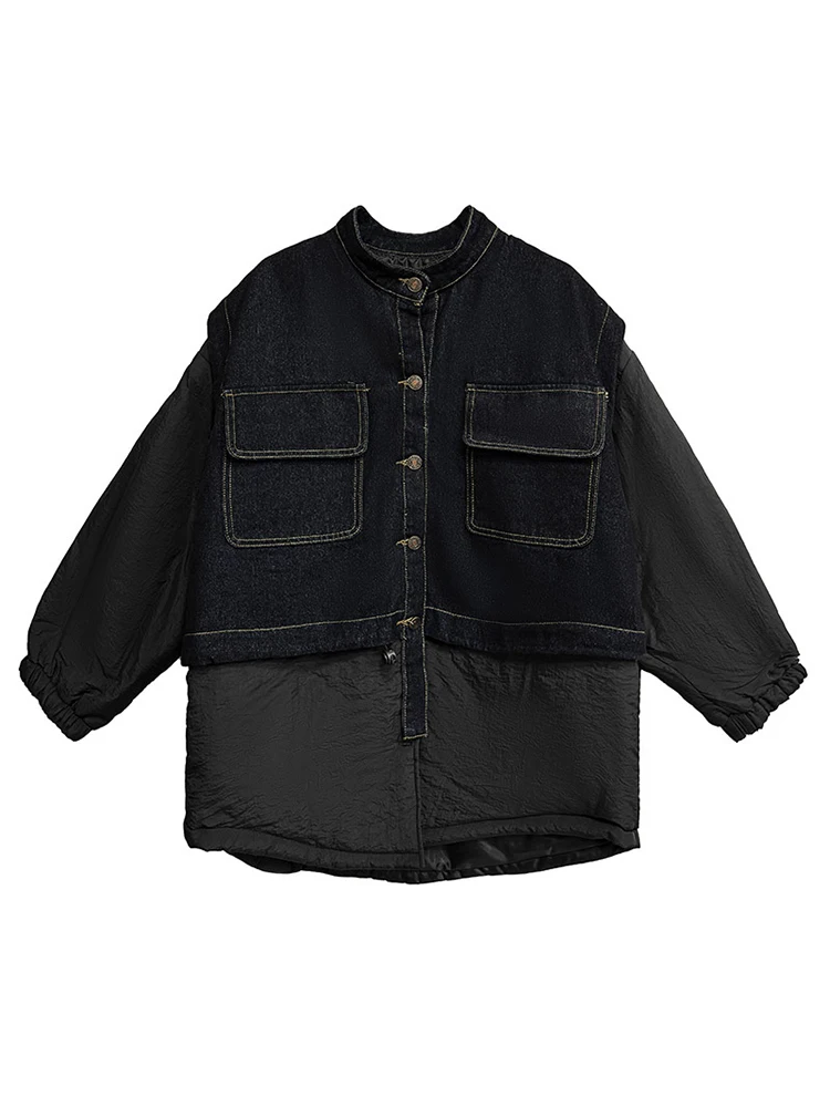 YERMORA negro falso dos piezas empalmado Denim Casual Chaqueta de algodón mujeres de manga larga suelta Chaqueta nueva moda Otoño Invierno 2025