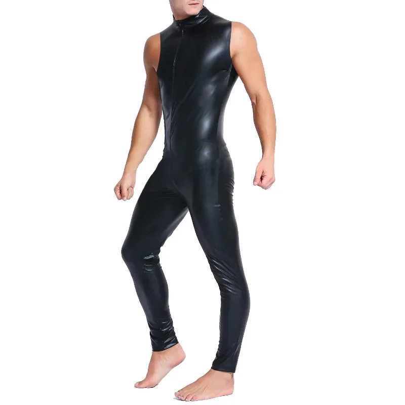 Mens Faux Leather Zipper Crotch Bodysuit One-piece Bodycon Catsuit Male Long Leotard Fetish Clubwear Sexy PU Leather Jumpsuit