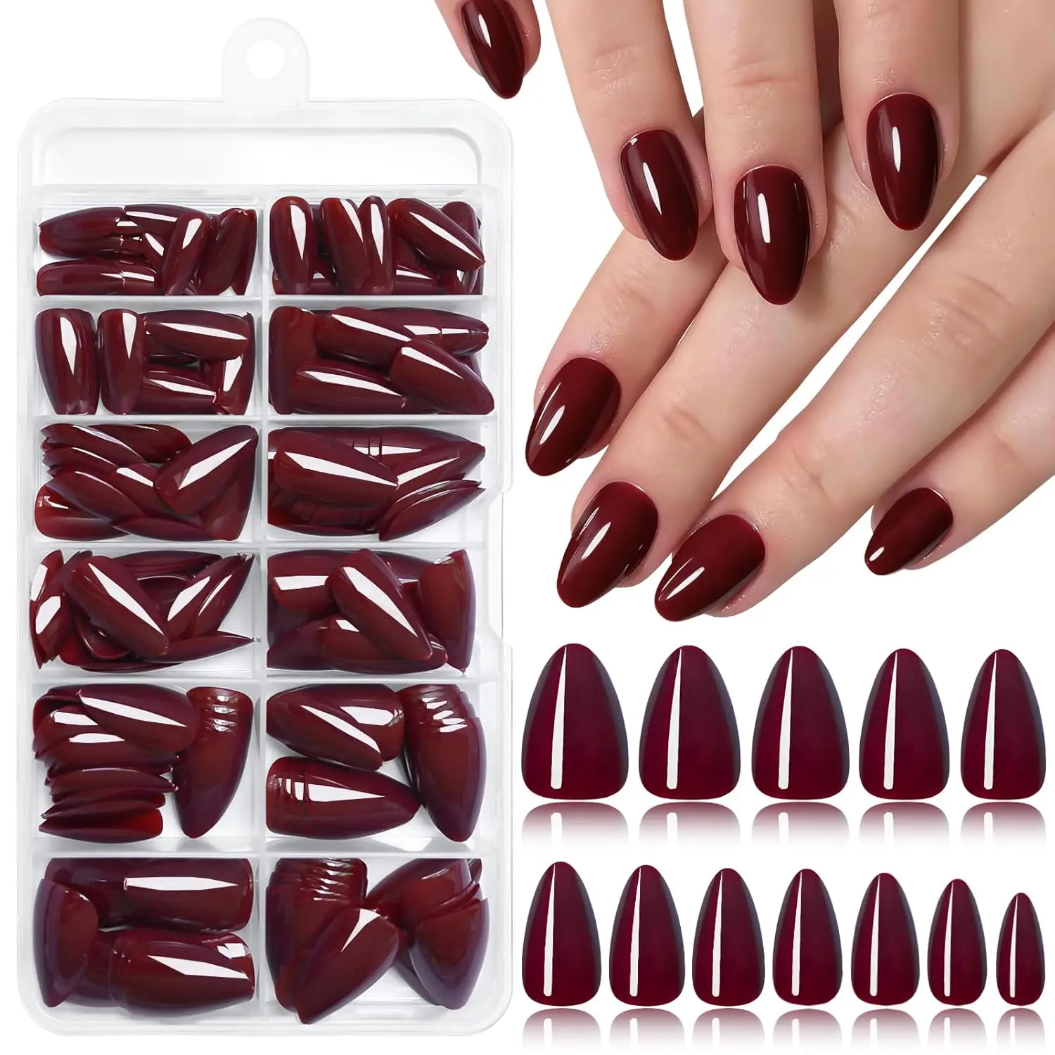 

240pc Burgundy Almond Press on Nails Short with Glue Tabs, Red Wine Acrylic Full Cover False Nails for Women Girls Artificial