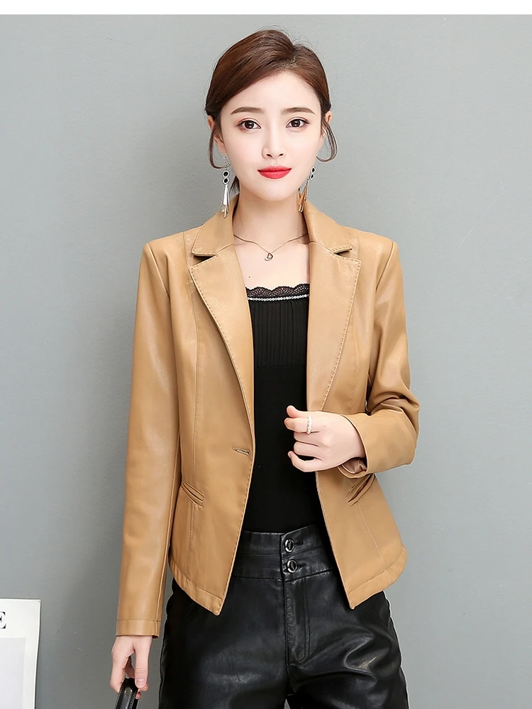 Jaqueta de Couro de Carneiro Feminina Profissional Slim para Primavera 2025: Casaco Ajustado para o Dia a Dia com Bolsos