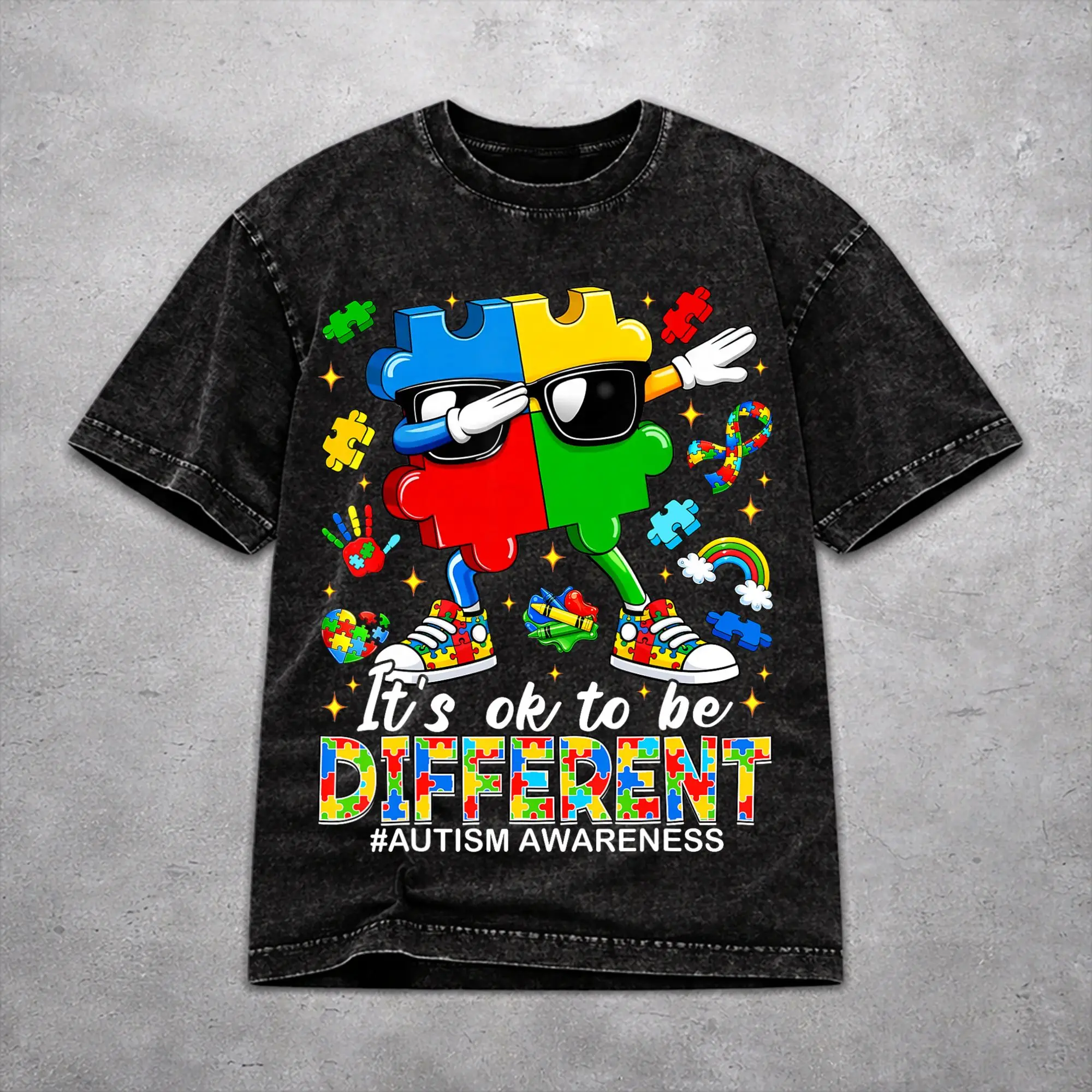 Dabbing Puzzle Autism Awareness Washed T Shirt Vintage Harajuku for Men Women  Loose T-Shirts Tee Short Sleeve