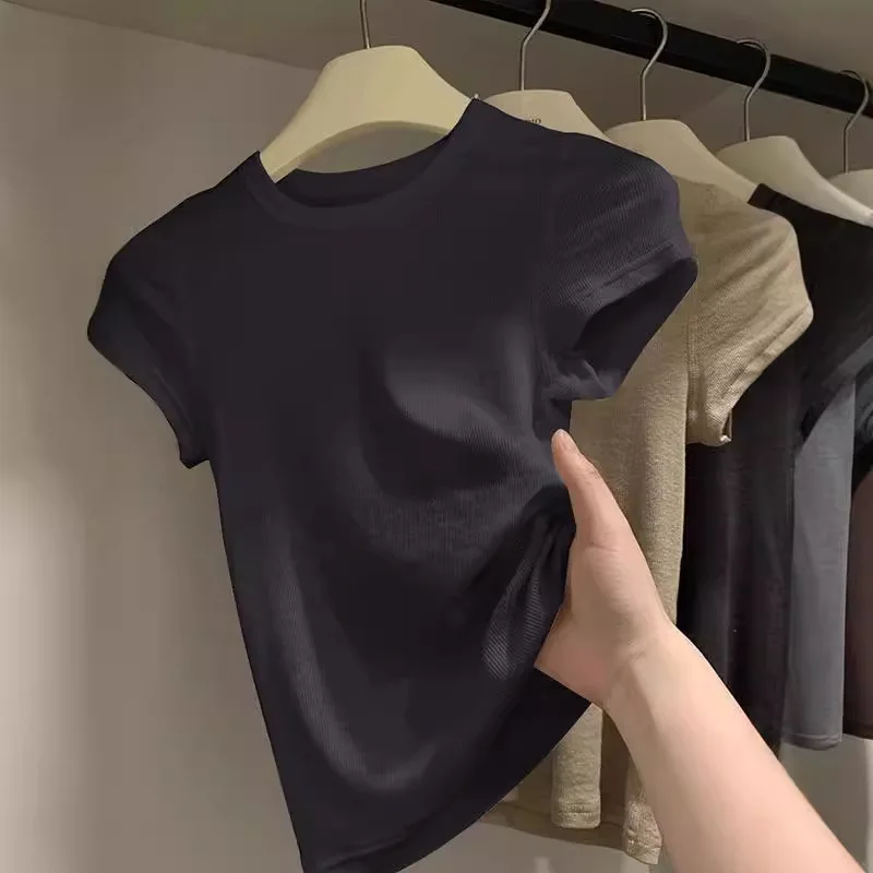 تي شيرت نسائي صيفي قصير الأكمام للتخسيس بلون سادة