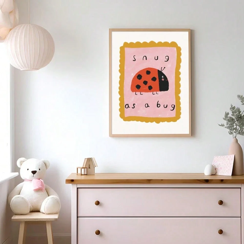 Cute Ladybug Kids Wall Art Canvas, Cartoon Nursery Poster Print for Baby Room, Playroom and Bedroom Decor, Snug as a Bug Artwork