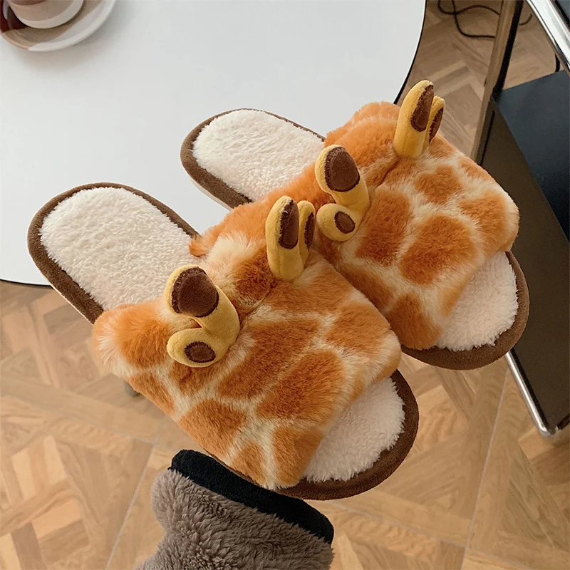 

Women Cute Home Plush Slippers Cartoon Giraffes Slipper Winter Warm Faux Fur Lining Fluffy Cozy Non Slip Sole Shoes