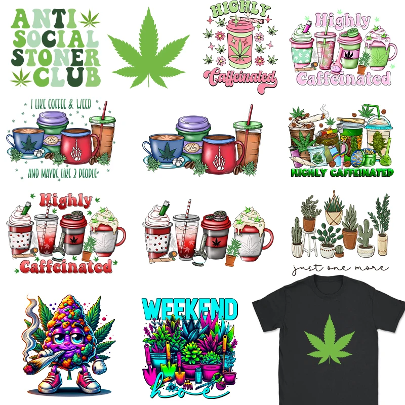 DTF Transfers Plant Green Cooffe Clothing Iron On Print Patch Highly Caffeinated Foliage Heat Transfer Sticker T Shirts Applique