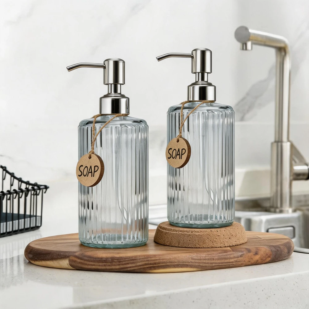 Glass Soap Dispenser with Rust Proof Pump, Refillable Empty Liquid Soap Bottle, Countertop Hand Soap Dispenser for Bathroom 2pcs