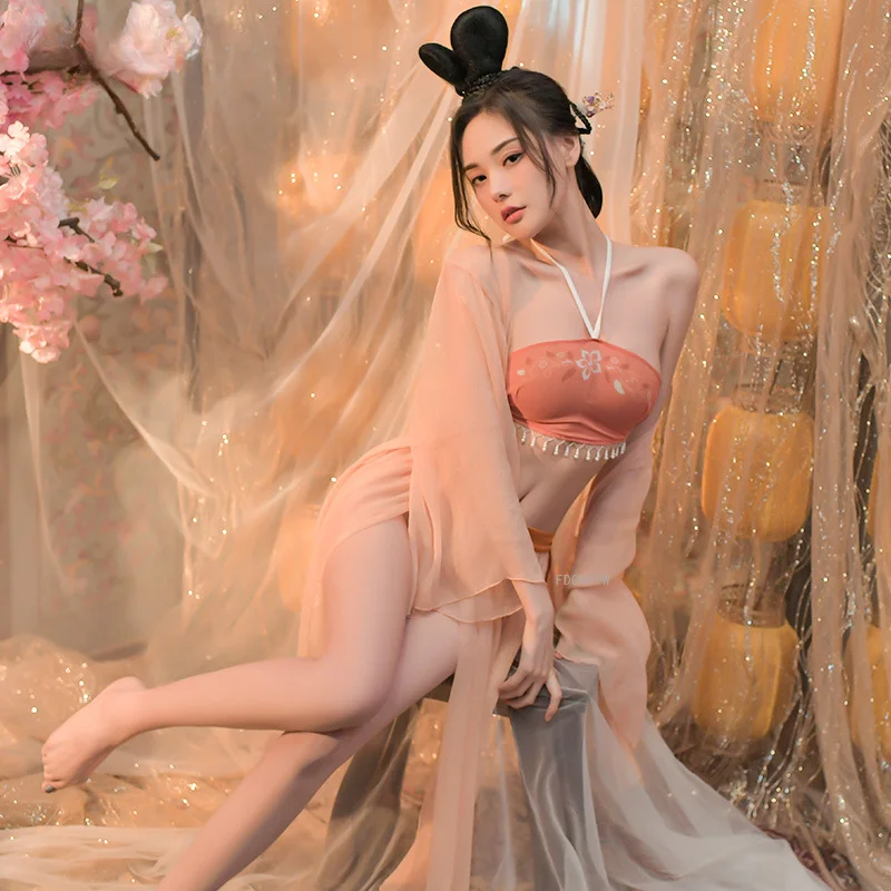 Chinese Classical Skirt Costumes Vintage Dancer Traditional Hanfu Sexy Lingerie Apron Thong Robe Suit Women's Erotic Underwear image 3