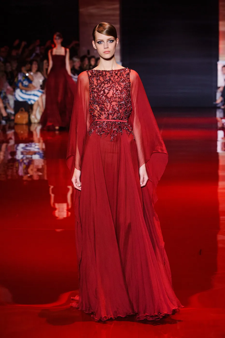 L381 Elie Saab Wine red Chiffon Beaded V Back فساتين السهرة vestidos de fiesta  فساتين سهره evening dress