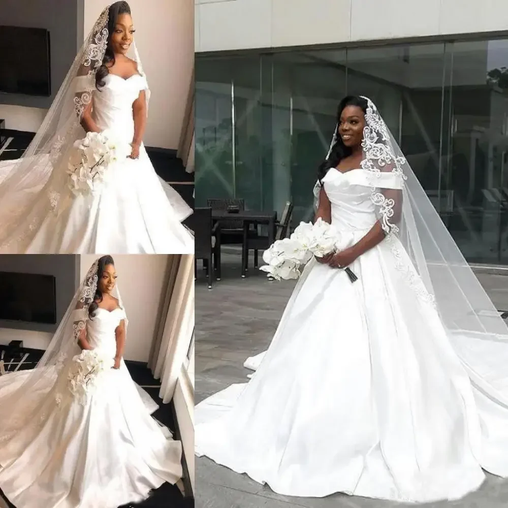 Customized Satin Ruffles Off The Shoulder Wedding Dresses Ruched Princess African Bridal Gowns Elegant Puffy Gowns